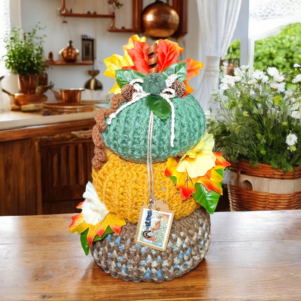 Handmade Crochet Autumn Farmhouse Stacked Pumpkins Decor